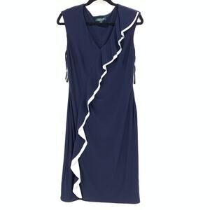 Lauren Ralph Lauren Sheath Dress Womens Sz 6 Navy Blue White Asymmetrical Ruffle